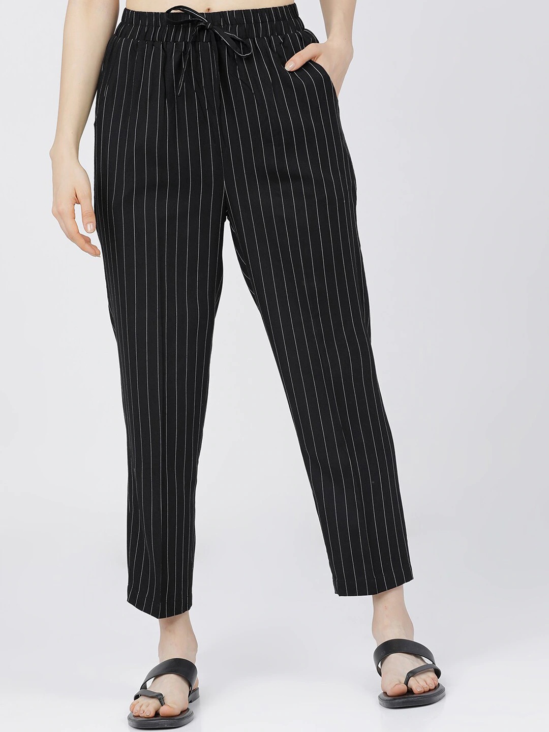 Black and White Cotton Stripe Women Pant-40497